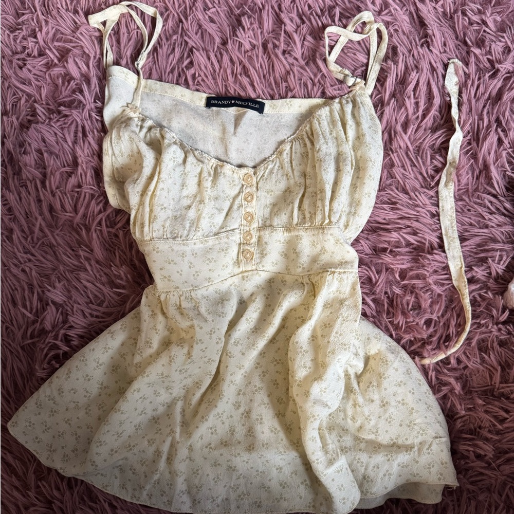Brandy Melville Cream Yellow Floral Tie-Strap Babydoll Top